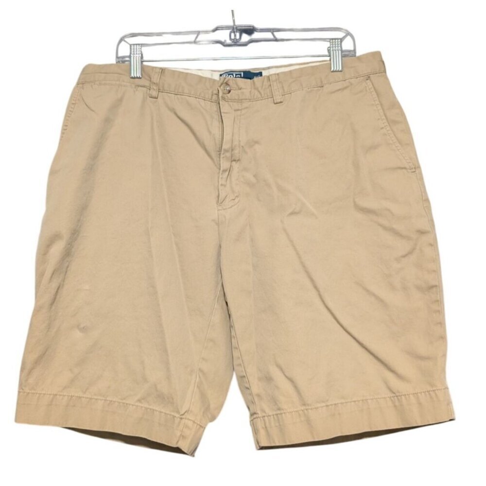 Polo Ralph Lauren Khaki Chino Shorts Mens 36 Flat Front Classic Fit Blue Pony
